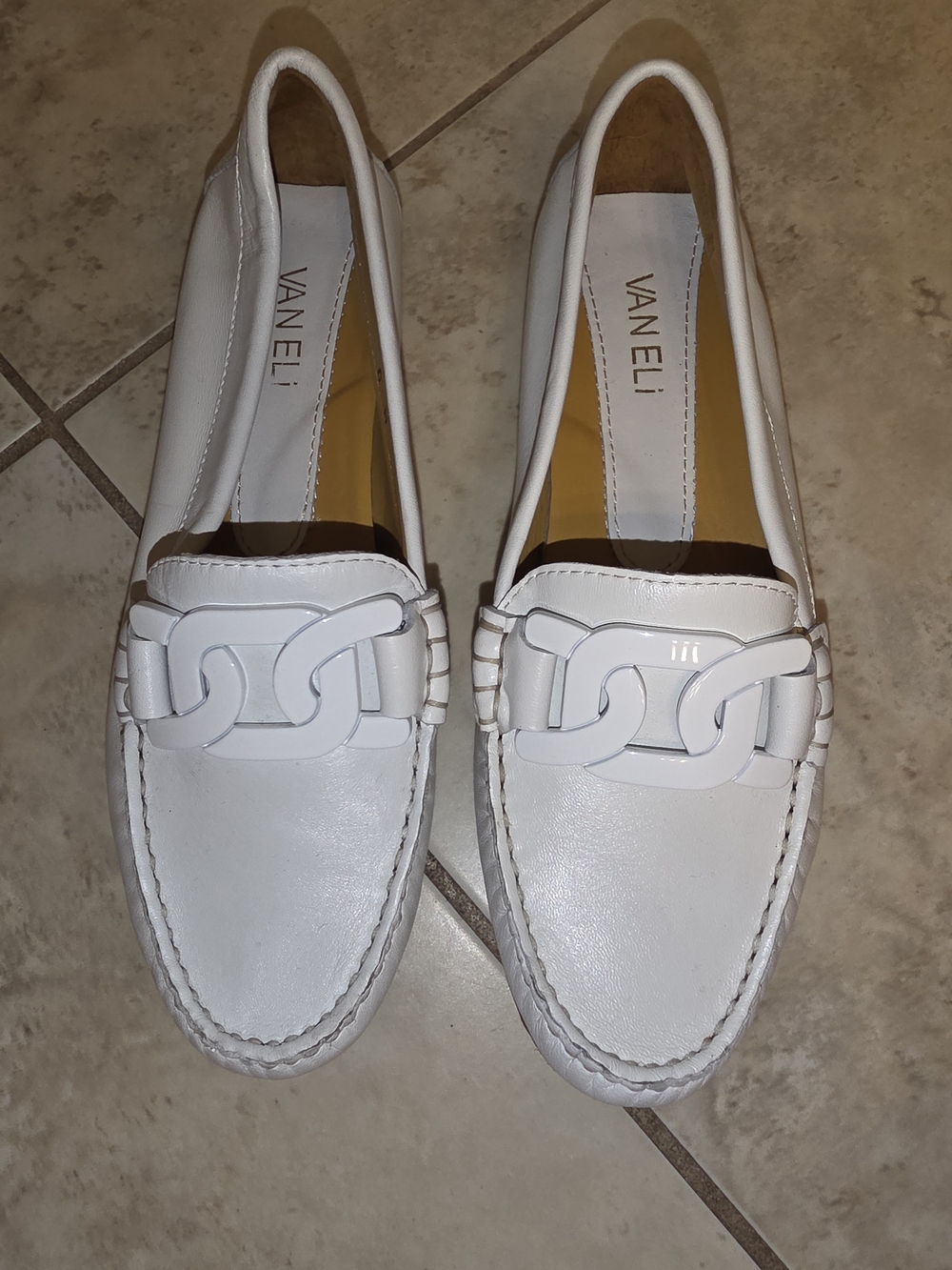 Vaneli White Leather Chain-Link Loafers